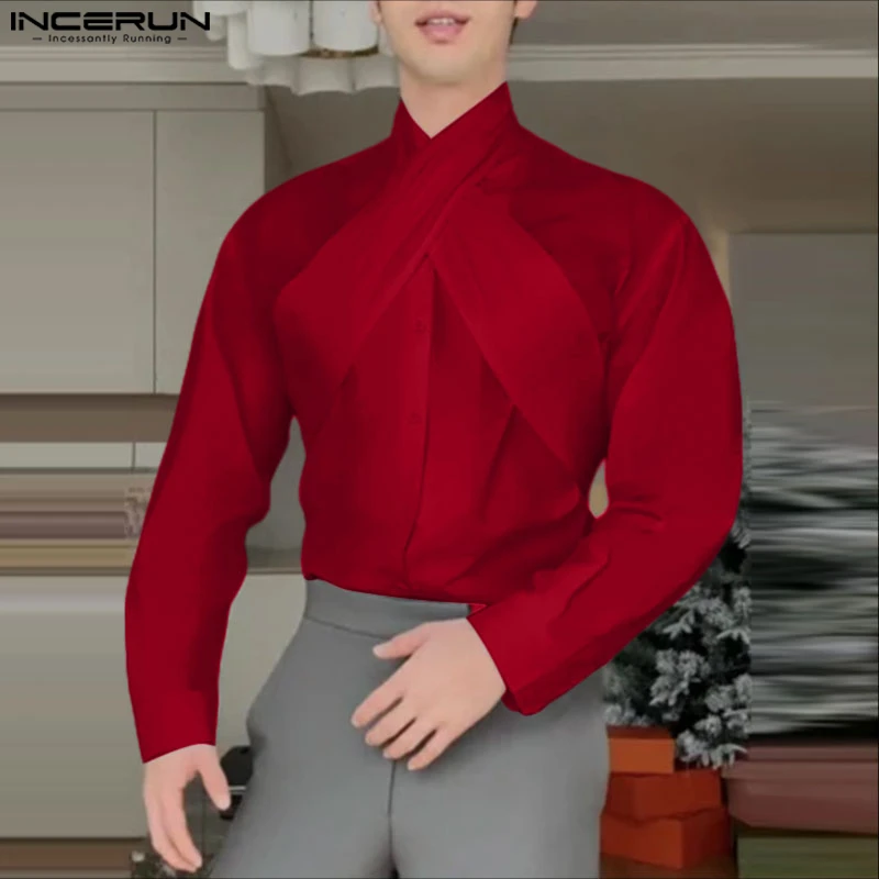 INCERUN قميص رجالي بلون سادة مع فيونكة وأكمام طويلة ملابس رجالية غير رسمية فضفاضة موضة أنيقة ملابس الشارع الشهير قمصان قمصان