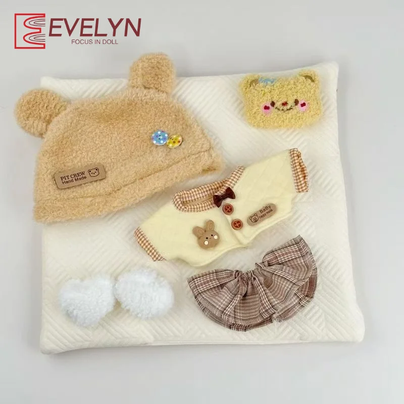 

Evelyn 20cm Doll Brown Plush Hat Cute Clothes Skirt Socks Set Girls Doll Clothes Gift Clothing Accessories