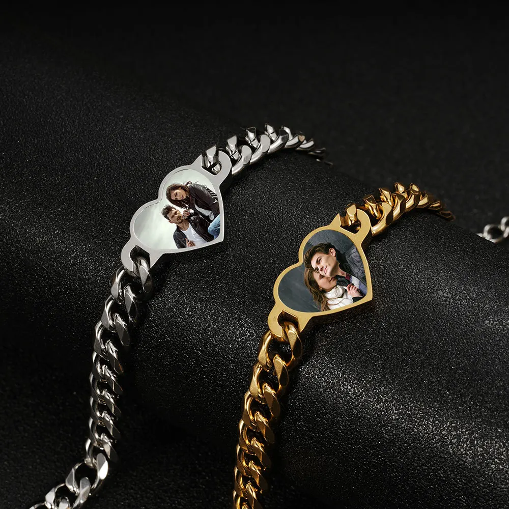Customizable Heart Photo Bracelet - Personalized Picture Chain for Couples & Best Friends - Engraved Memory Keepsake Gift view 2