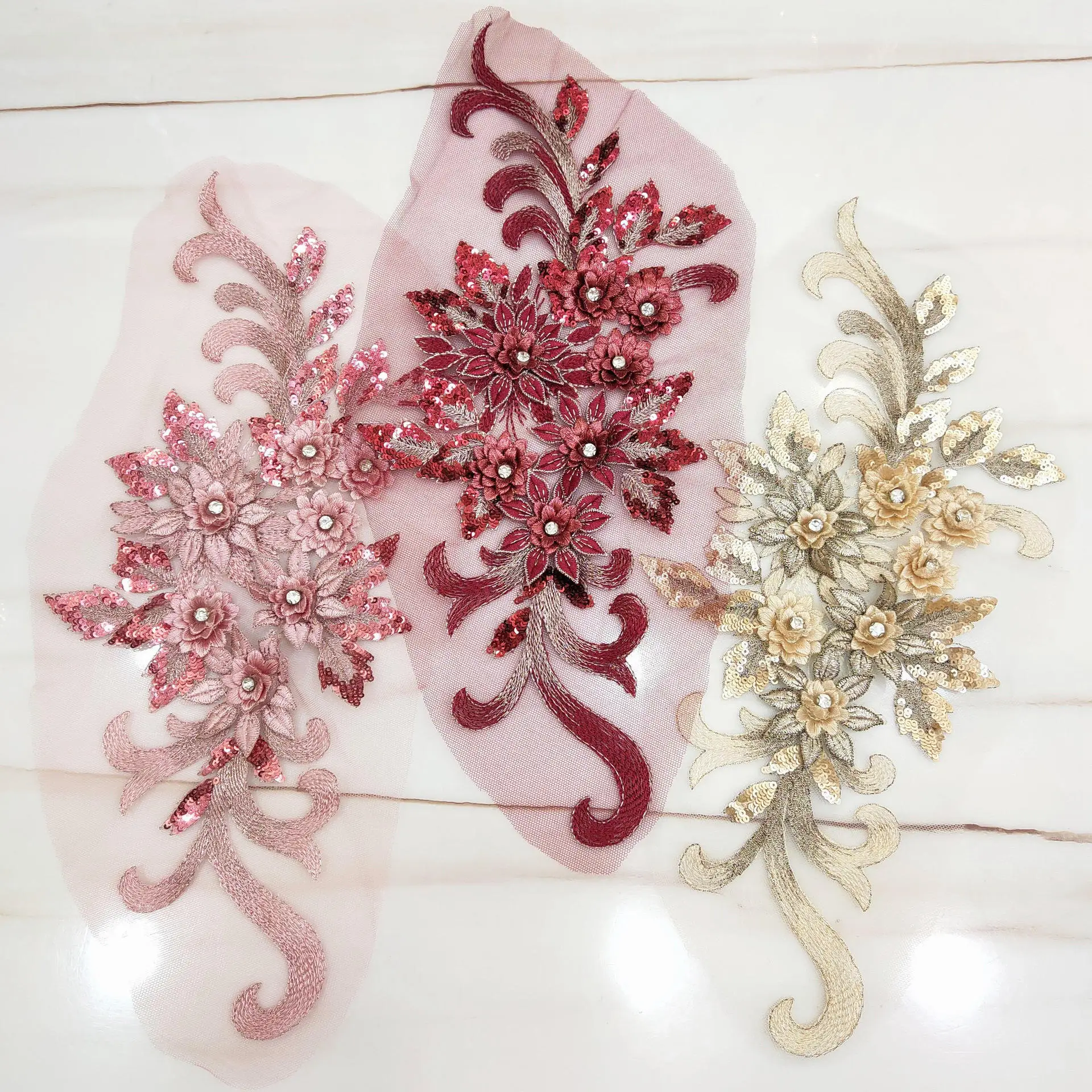 12 Colors 3D Beaded Lace Trim Tulle Embroidery Appliqued DIY Bridal Dress Patches Bride Cloth Sewing Floral Decoration Fabric