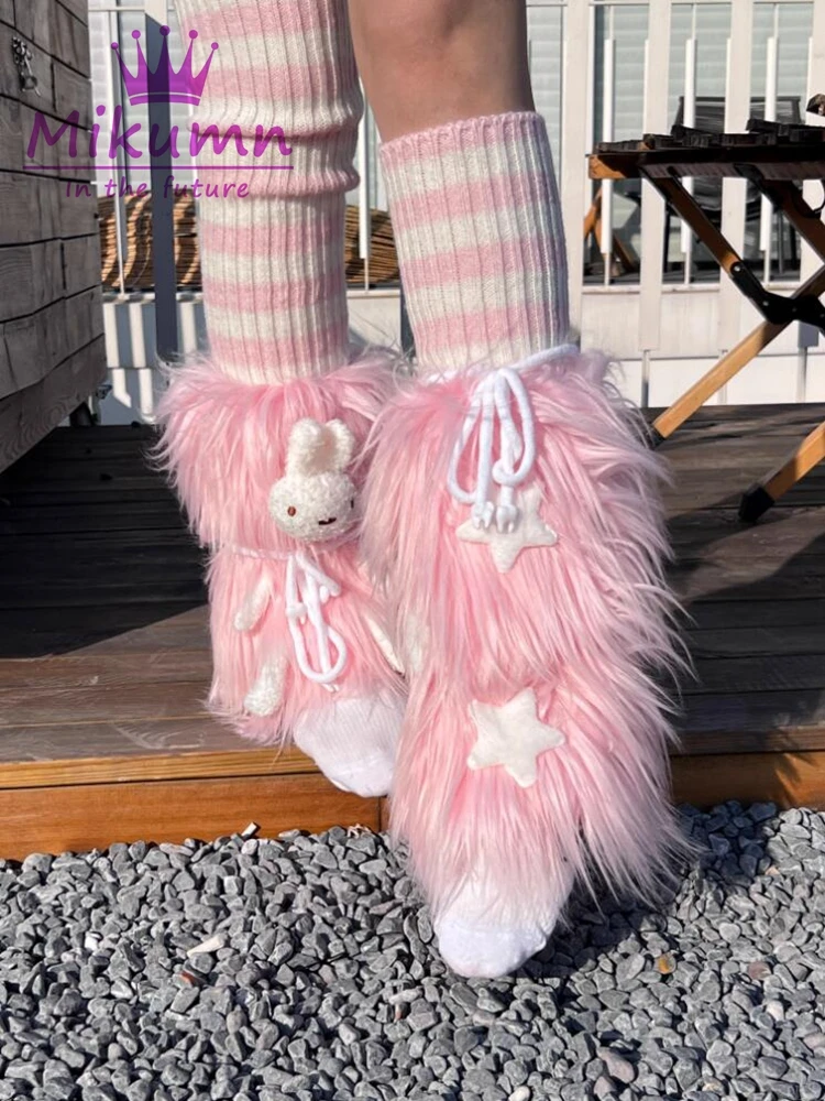 Mikumn Harajuku Y2k Cute Cartoon Rabbit Furry Leg Warmer Socks Women Girls Winter Warm Plush Star Kawaii Leg Cover Streetwear