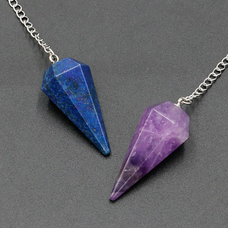 Hexagonal Cone Stone Spirit Pendulum Stainless Steel Chain Natural Amethyst Multicolor Crystal Pendant Agate Jewelry Accessories