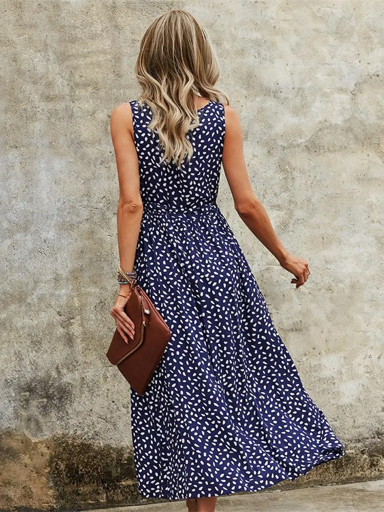 V Neck Print Sleeveless Causal Long Dress Women Fashion Spring Summer Dress with Belt