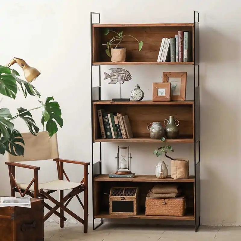 American retro wrought iron shelf old pine three grid bookcase solid wood book