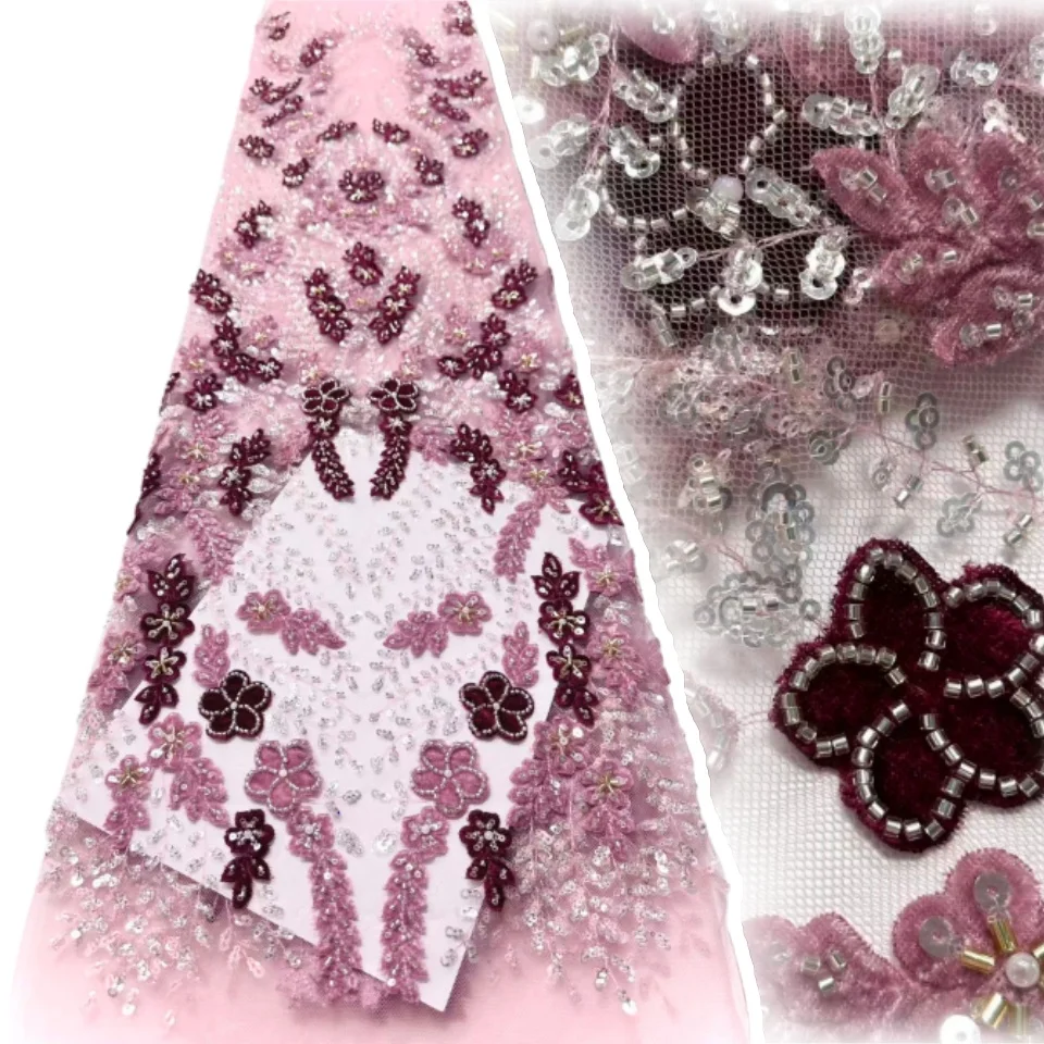 

2025 Luxury African Lace Fabric 5Yards Velvet Lace Beaded Tulle Lace Fabric Embroidered Nigerian Fabric for Wedding Dress TP1673