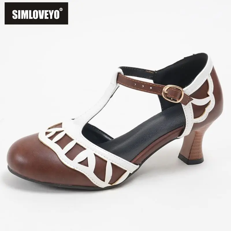 

SIMLOVEYO Brown Female Sandals Round Toe 6cm Block Heel Buckle T-Strap Mixed Color Plus Size 45 46 47 48 Sweet Soft Daily Shoes