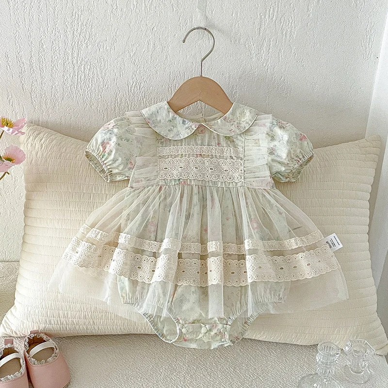 2026 New Summer 0-24M Children Clothes Newborn Baby Girl Romper Short Sleeved Cotton Printed Mesh Splicing Toddler Baby Jumpsuit