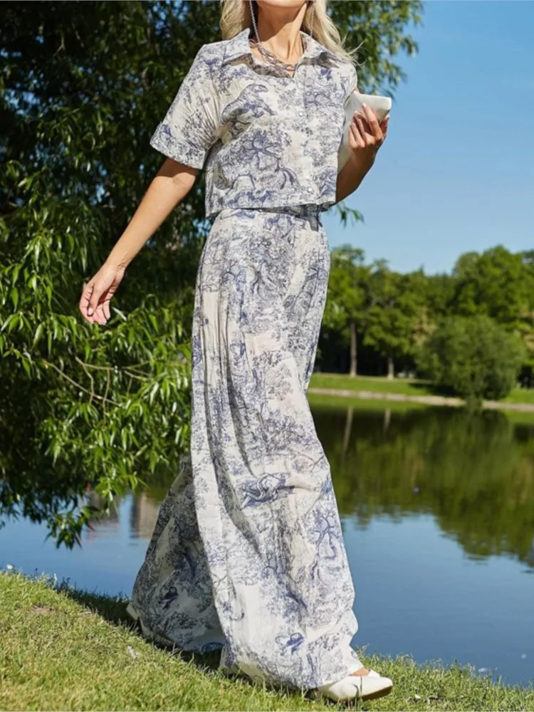 

Ink Printed Pants Set Women 2025 Summer Casual Single Breasted Turndown Collar Short Shirt+Wide Leg Pants Fashion 2 Piece Set