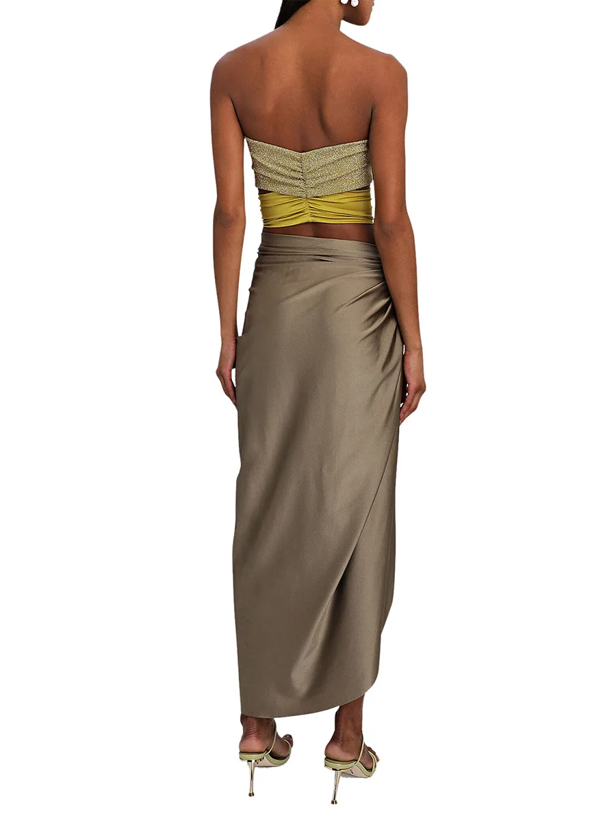 Dames Zomer 2 Stuks Outfits Glitter Contrast Kleur Strapless Wrap Borst Tube Tops Onregelmatige Ruches Lange Rokken Set