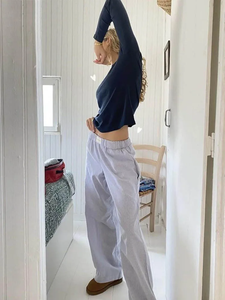 Fresh striped casual pants for women in autumn, high waisted design, loose and wide leg pants