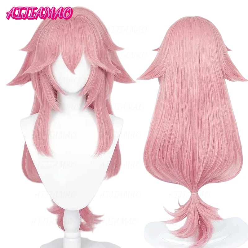 Yae Miko Cosplay Wig para mulheres, couro cabeludo sintético, rosa, cabelo resistente ao calor, perucas de festa, boné