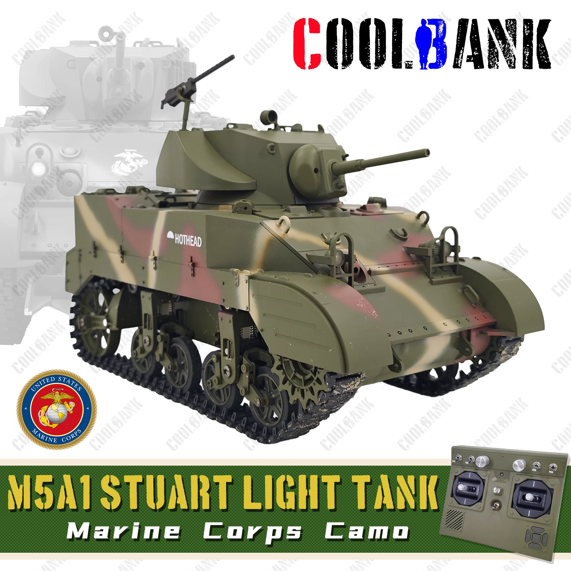 クールバンク 1/16 2.4Gリモートコントロール軽戦車、米国M5A1スターチュート戦車シミュレーションミリタリービークルモデル（サウンド、ライト、スモーク付き）大人向け