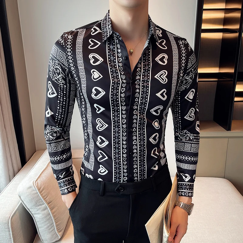 2022 New High Quality Men Hawaiian Style Casual Multi-color Print Travel Shopping Retro Ethnic Style Long Sleeve Slim Shirt