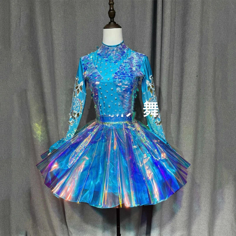 Women Group Jazz Dance Costume Sequins Top Laser Skirt Christmas Day Party Festival Outfit Nightclub Dj Ds Stage Gogo Wear 8771