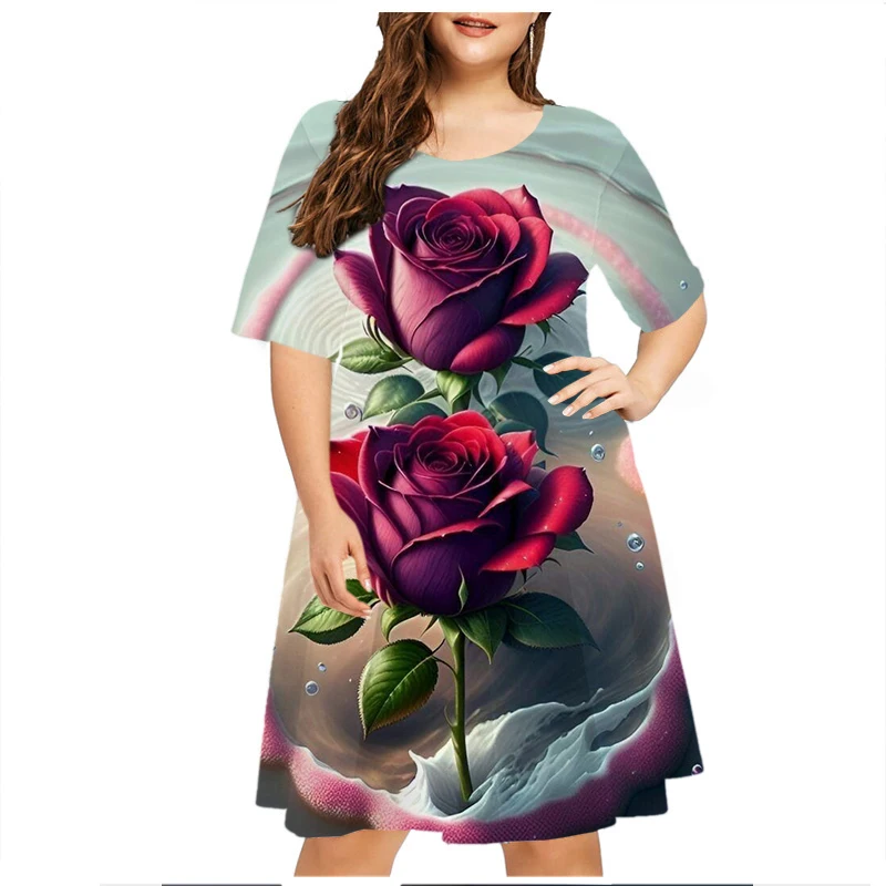 Tie Dye Starry Sky Rose Floral Print Dress Women Fashion Short Sleeve Loose Plus Size Dress Summer Casual Party Mini Dress 6XL