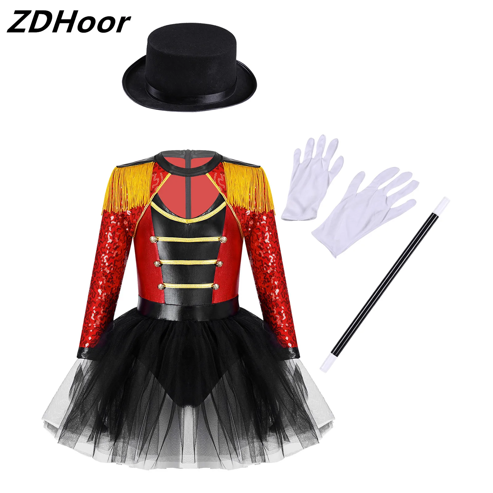 

Kids Girls Circus Costume Set Long Sleeve Sequin Tassel Shoulder Tutu Leotard Dress with Hat Magic Gloves for Halloween Cosplay