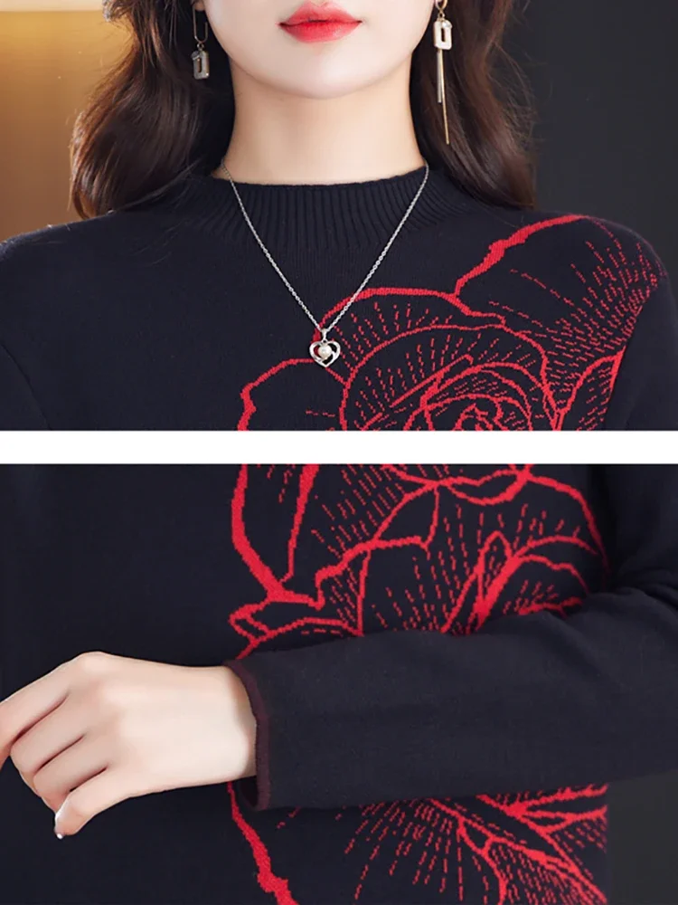 Female Korean Vintage Luxury Prom Clothing Autumn Winter Black Knitted Floral Pullovers 2024 Elegant Bodycon Festival Sweaters