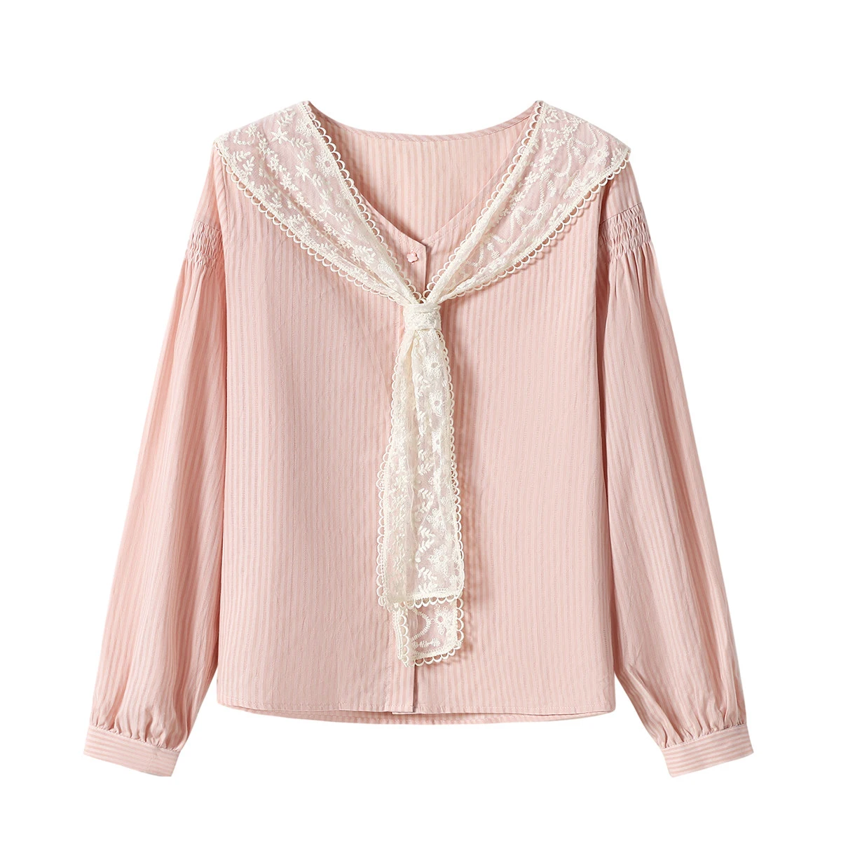 

Новая женская рубашка в студенческом стиле с кружевной отделкой, круглым вырезом, длинными рукавами, в полоску, с цветовыми блоками, модная весенне-летняя модель