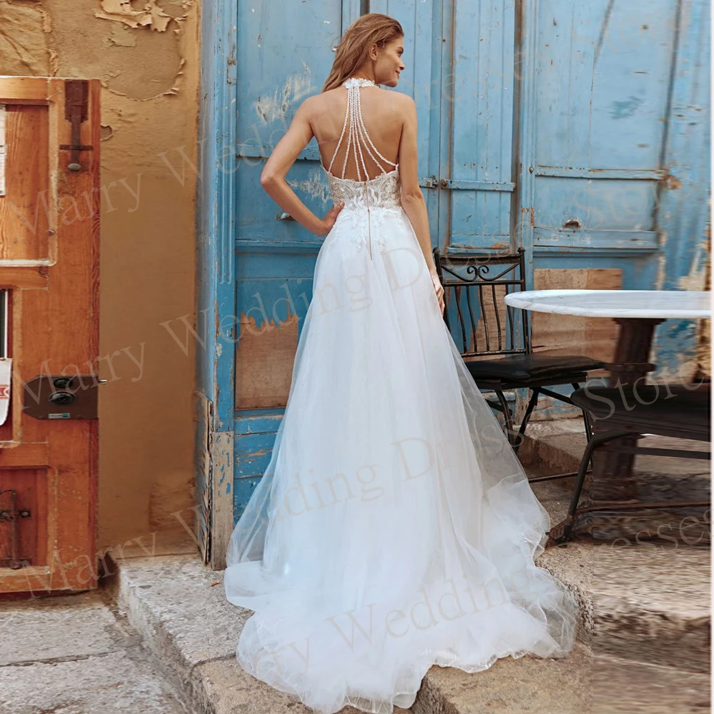 2024 New Modern Women's Wedding Dresses Gorgeous Lace Appliques Halter Neck Bride Gowns Sexy Sleeveless Backless Robe De Mariée