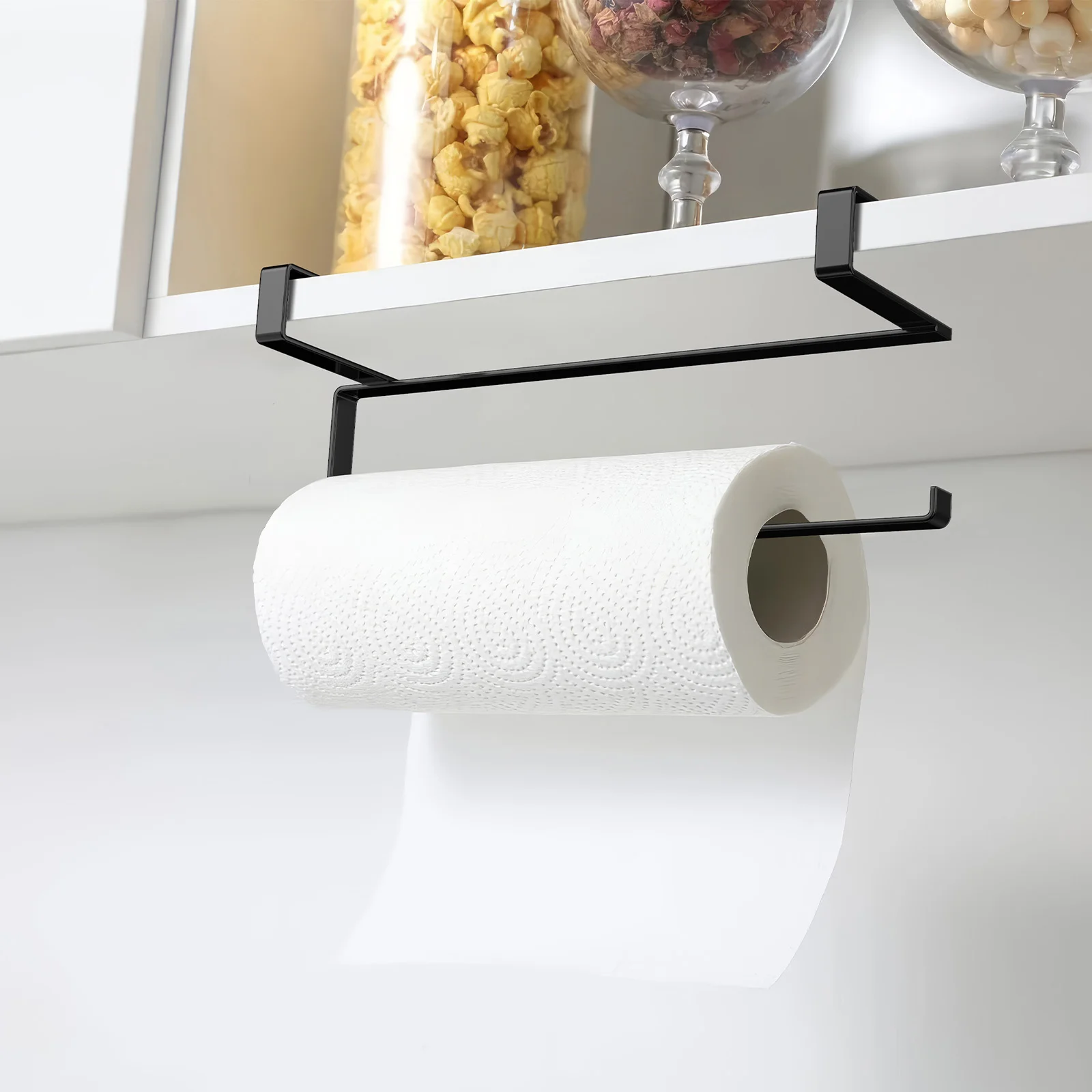 Kitchen Roll Paper Towel Holder Storage Rack Cabinet Tissue Shelf Nail Free Hanger Organizer (Black)