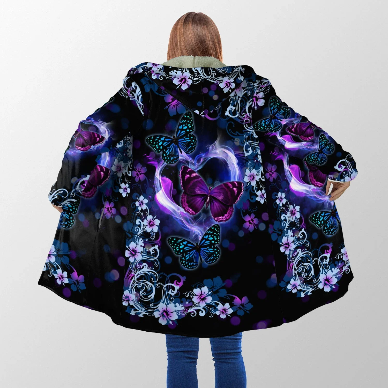 Women Cloak Beautiful Butterfly 3D All Over Printed Fleece Hooded Cloak Unisex Casual Unisex Thick Warm Cape Coat