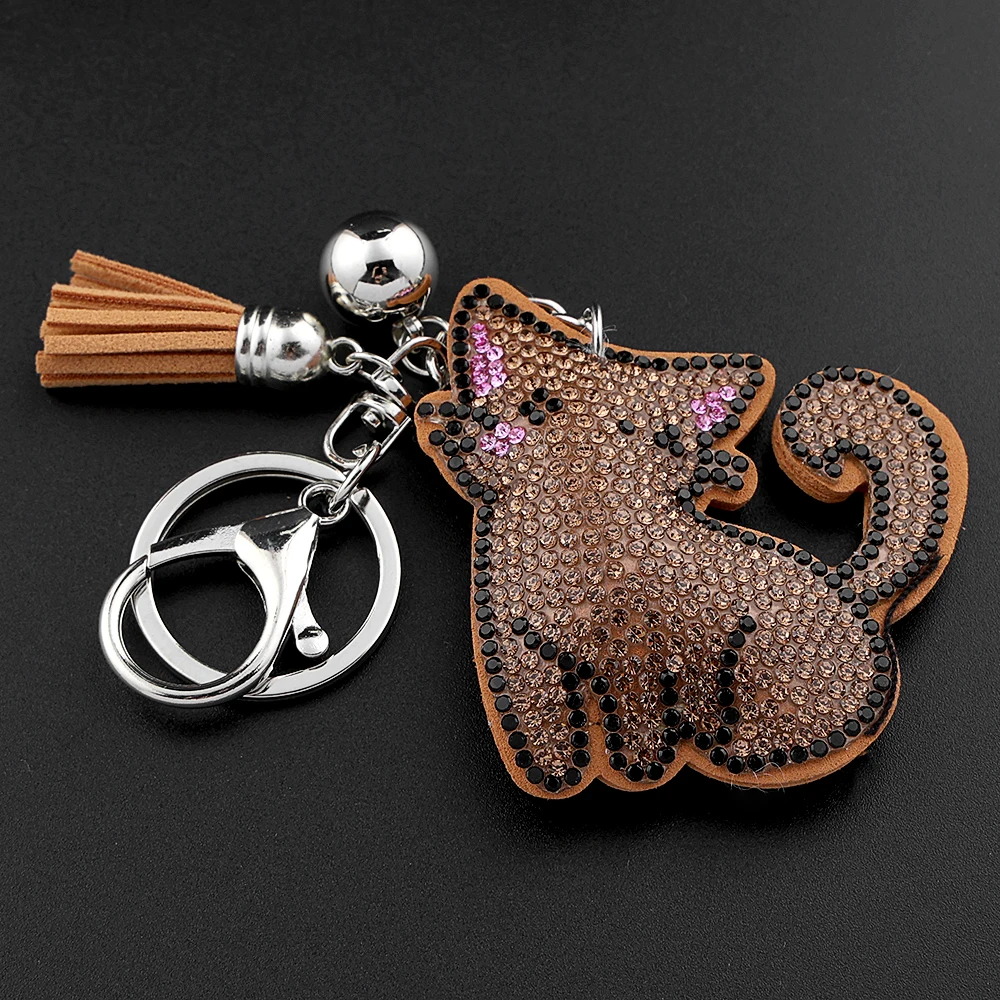 Brauner Katzen-Schlüsselanhänger für Damen und Herren, voller Kristallquasten, hübscher Taschenanhänger, modischer Schlüsselhalter, Schmuckgeschenke