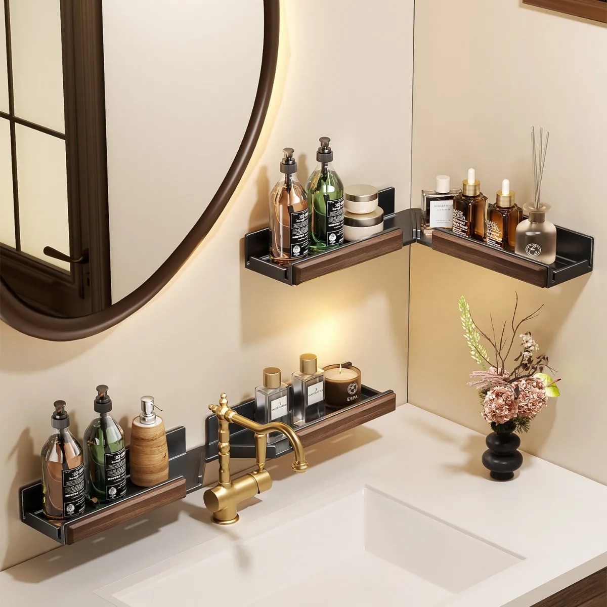 walnut-folding-bathroom-shelving-unit—no-drilling-required—wall-mounted-bathroom-vanity-storage-rack