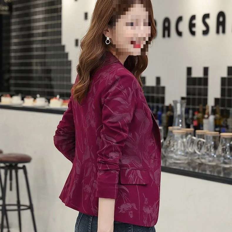 Women's printed suit new spring and autumn Korean version large size short slim retro long-sleeved suit jacket women