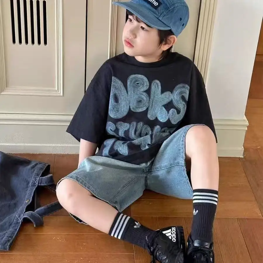 

2025 New Boys Clothing Set Summer Children's Pure Cotton Printed Short Sleeved T-shirt+Denim Shorts Two-piece Set Kids Outfits