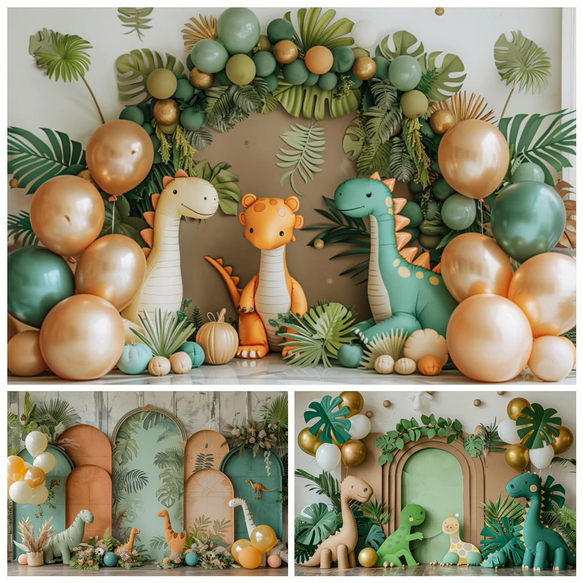 Dinosaur Theme Photography Background Tropical Jungle Wildlife Balloon Baby Birthday Party Cake Smash Portrait Photo Backdrop