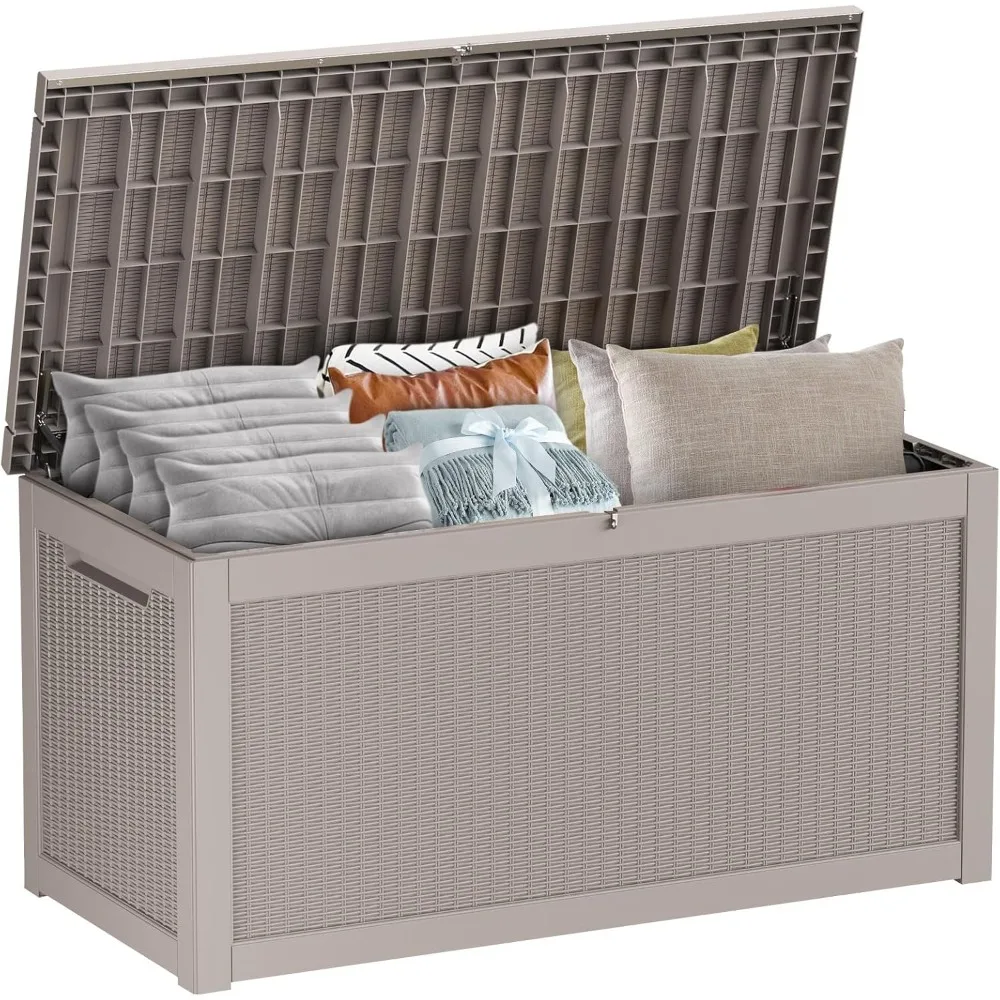 

large deck box 260 gallon, resin patio storage box with lockable lid for patio furniture, garden tools, pool accessories, weathe