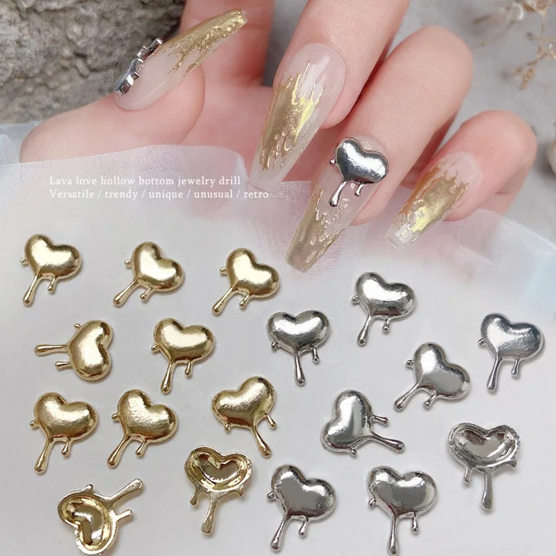 10Pcs Lava Shape Alloy Nail Heart Parts Charms Metal Love Jewelry Water Drop Heart Nail Accessories 3D Gold Silver Nails Decors