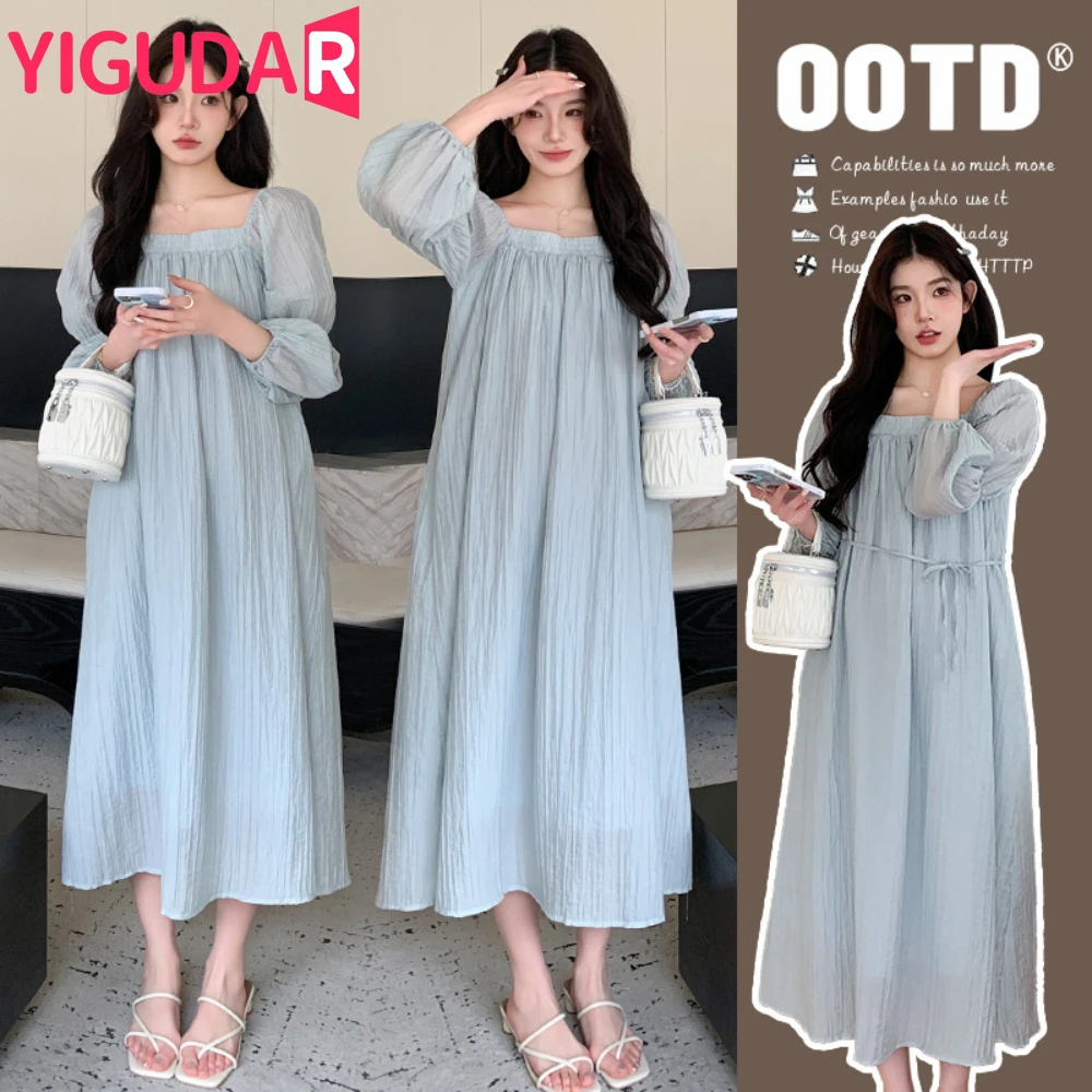 

Pregnancy Clothes 2024 Early Spring French Gentle Square Neck Pregnancy Dresses Blue Loose Covering Belly Maternity Dresses