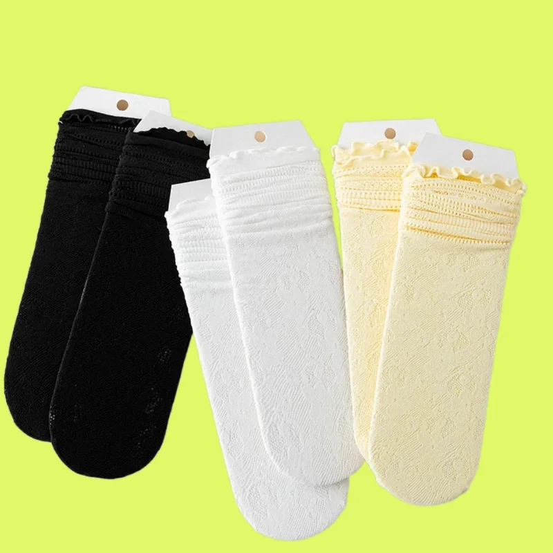 5/10 Pairs Summer Thin Cotton Socks Breathable Sweat-Absorbent Hollow Small Flower Wood Ear-edge Long Socks For Women