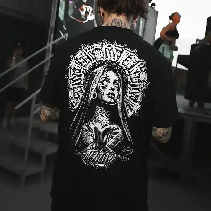 Tattoo Trendy Manga Tattoo West Coast Street Dance Chicano Flower Font Cartoon American T-shirt Cotton Same gender design Summer