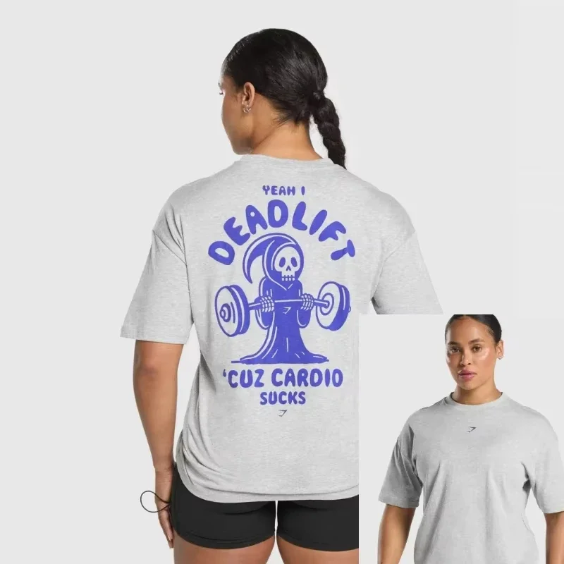 2025 الصيف المرأة الأمريكية العضلات الشارع اللياقة البدنية قصيرة الأكمام المرأة تي شيرت كريس التدريب قوة فضفاضة