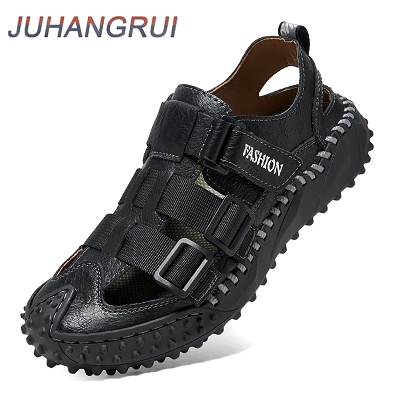 Men's Summer Genuine Leather Sandals Water Resistant Slip-On Driving Anti-Slip Wear-Resistant Head Cover Hole Beach Shoes