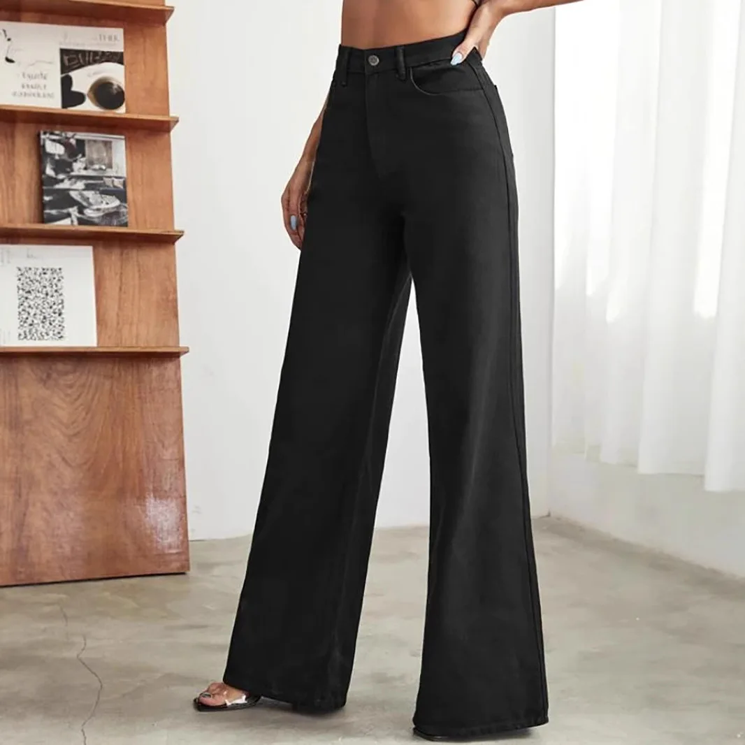 Women Black Solid Straight Floor Length Casual Daily Trendy Basic Jeans Pants Four Seasons American Style Female Denim Trousers
