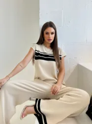 W stylu Casual, letnia 2-częściowy dzianinowy dres elegancki damski dzianinowy garnitur ze spodniami z krótkim rękawem w paski dwuczęściowy zestawy dla kobiet