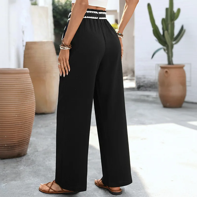 Women Ethnic Retro-style Slacks Black and White Contrast Trimmed Lace-up Wide-leg Pants 2026 Summer Chic Pants Trousers