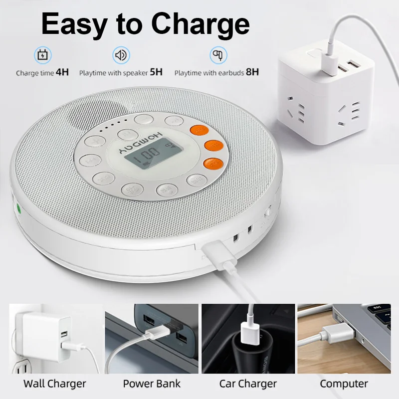 

CD Music Player Portable CD Player 2000mAh Rechargeable Music Player Support CD‑RW MP3 with Speaker for Car Home Travel