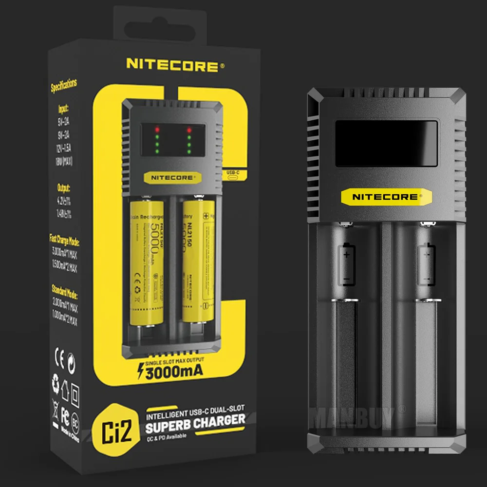 SALE NITECORE CI2 2Slot USB TYPE-C Fast SUPERB Charger Li-ion Ni-Cd NiMH Batteries 18650 14500 CR123 16340 26500 18350 21700 AAA