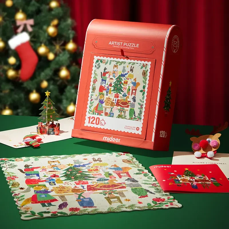 Mideer 120 Pcs New Christmas Artist Jigsaw Puzzle 3D Greeting Cards Holiday Style Christmas Mailbox Gift Box Exchange Party Toys