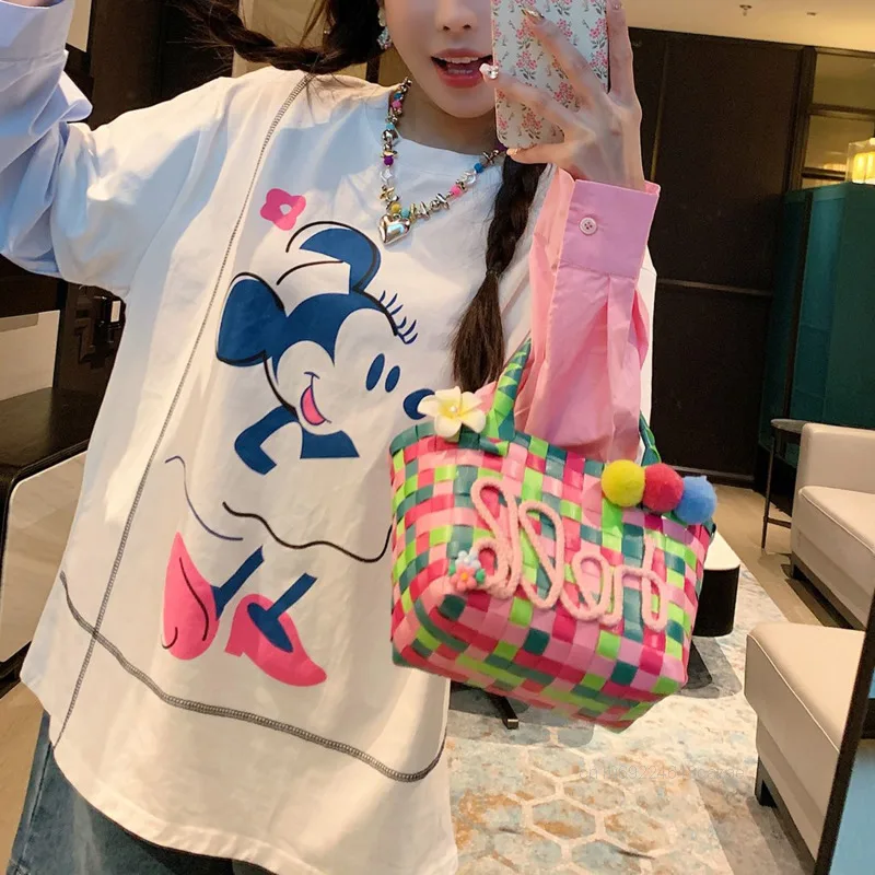 Disney Mickey Women's New Long Sleeved Tees Spring Autumn Cute Cartoon Printed Loose T-shirt Korean Version Casual Versatile Top