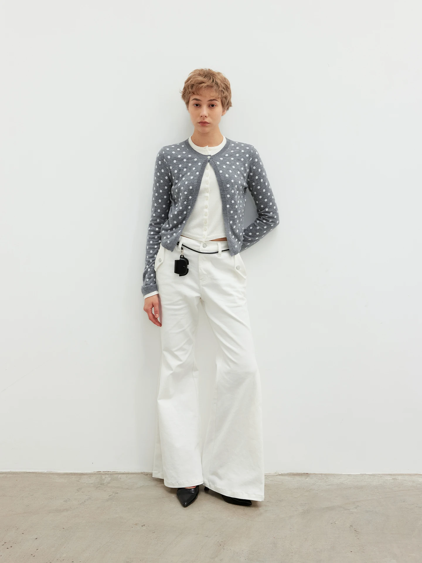 

747 Retro Polka Dot Button Knitted Open Cardigan Color Blo Effect False Two-Piece Design Long Sve Mid-Length Women's Kn...