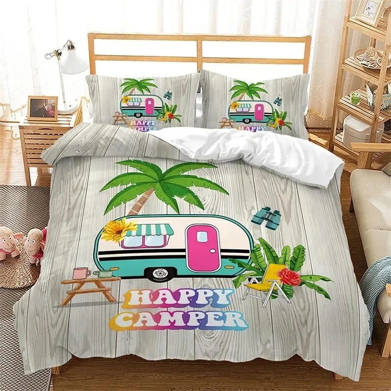 Happy Camping Duvet Cover Microfiber Camping Travel Car Tree Bedding Set Camper Comforter Cover Twin Queen For Boys Girls Teens
