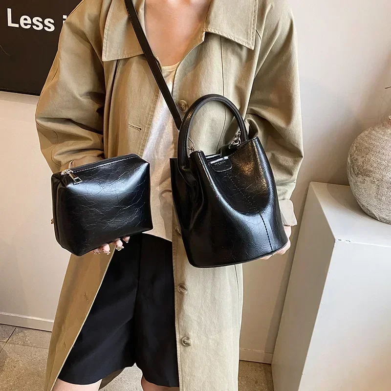 

Корейская ретро сумка-ведро для воды, женская новая модная пригородная сумка через плечо, модная однотонная ручная сумка на одно плечо для женщин