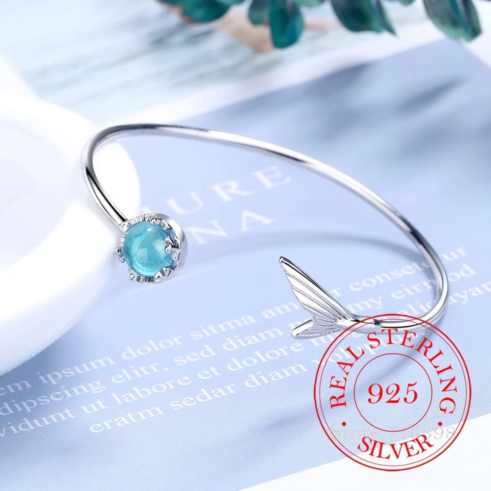 New Fashion Creative Mermaid Foam Bangle 925 Sterling Silver Fairy Mermaid Tear Fishtail Opening Bracelets Bangle