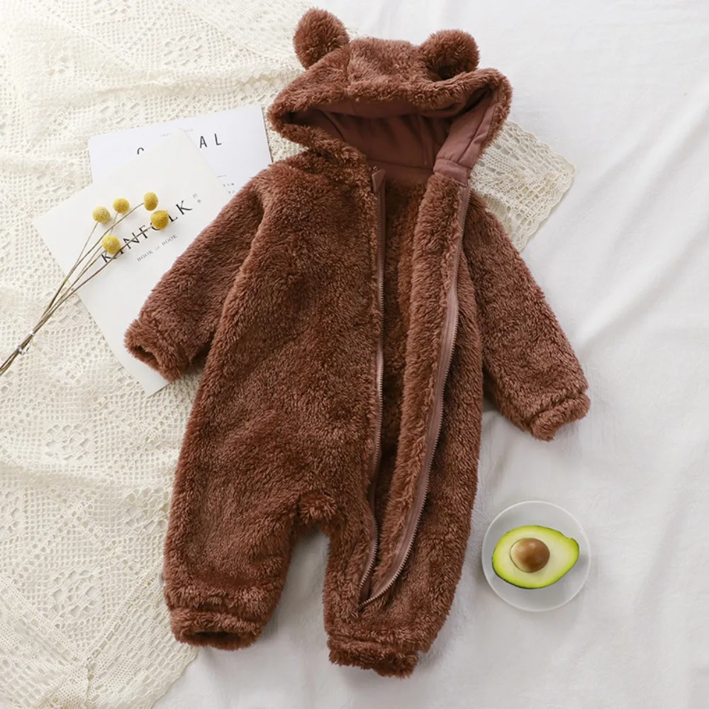 

Thick Warm Baby Rompers Bear Shape Coral Fleece Infant Jumpsuits Hooded Zipper Soft Velvet Newborn Pajamas Newborn Wear