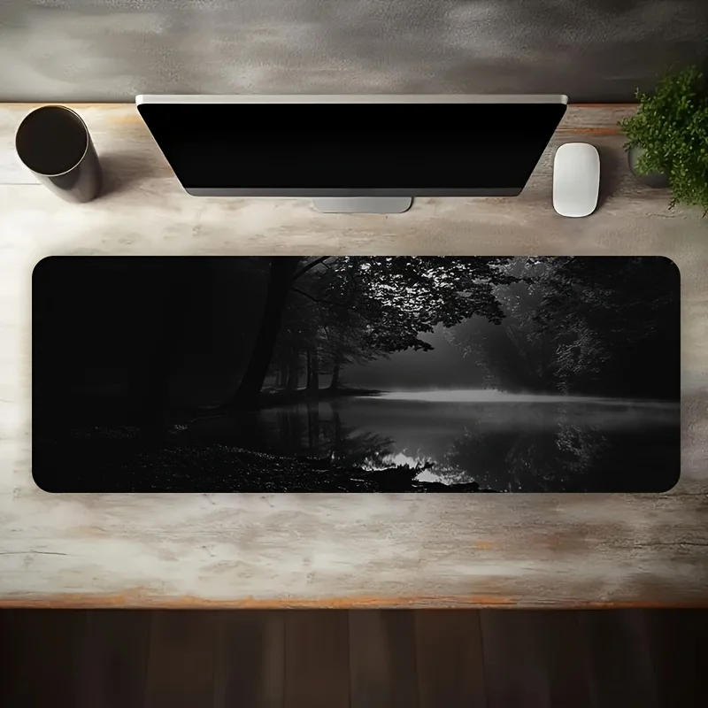 Moody Dark Forest Desk Mat with Lake Reflection, Extended Non-Slip Rubber Gaming Mouse Pad for Computer, Laptop Home Office Use